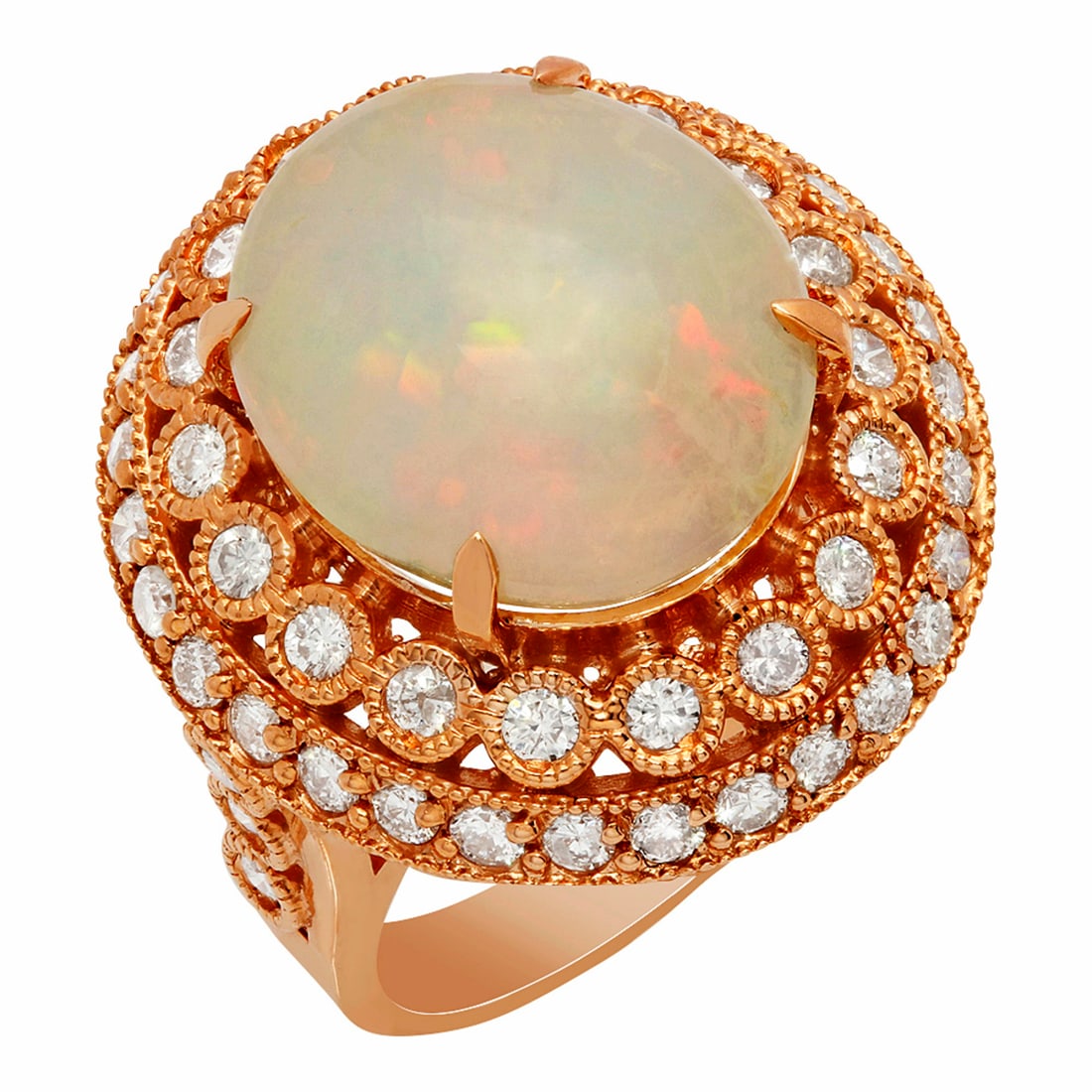 14k Rose Gold 6.62ct Opal 1.57ct Diamond Ring: Retail: $11,075.00 ****** 14k Rose Gold 6.62ct Opal 1.57ct Diamond Ring ****** Metal: 14K Rose Gold / Total Item Weight: 11.10 grams / Country Made: United States / / Main Stone: Opal / Color: Play of