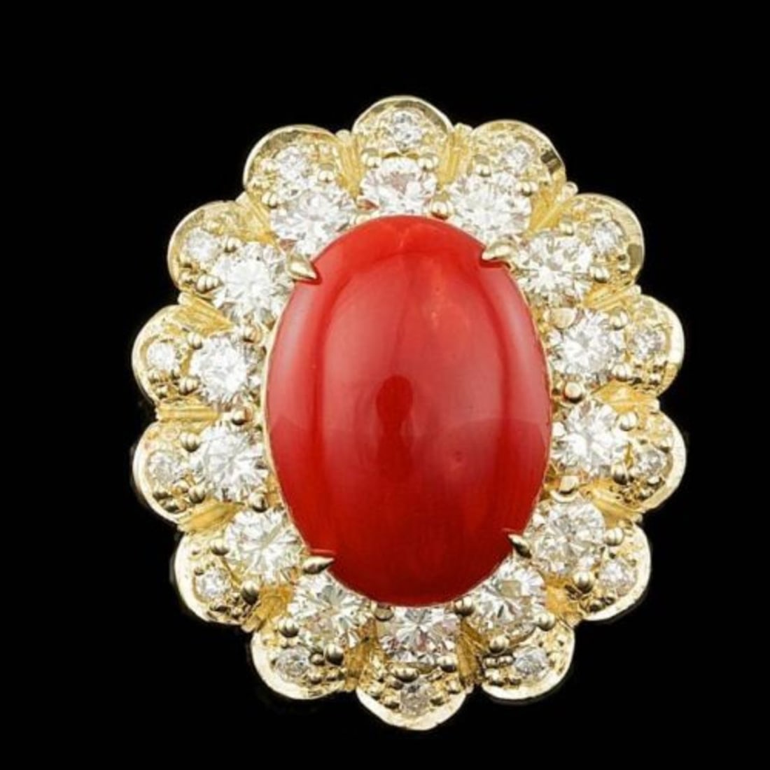 14K Yellow Gold 5.09ct Coral and 1.78ct Diamond Ring: Retail: $16,100.00 ****** 14K Yellow Gold 5.09ct Coral and 1.78ct Diamond Ring ****** Metal: 14K Yellow Gold / Total Item Weight: 9.0 Grams / Country Made: United States / / Main Stone: Coral / Color: