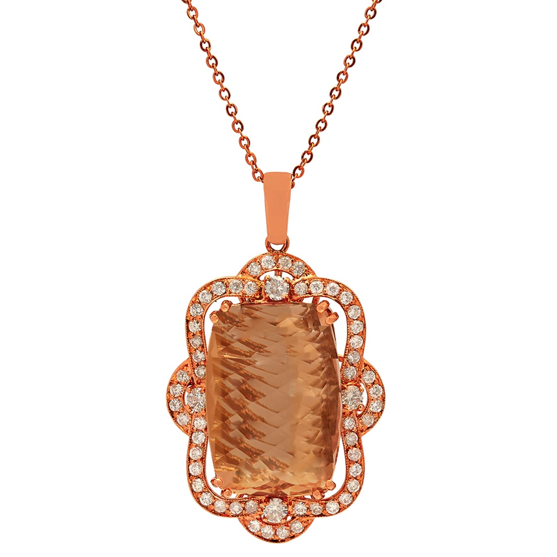 14k Rose Gold 32.96ct Morganite 1.89ct Diamond Pendant: Retail: $17,325.00 ****** 14k Rose Gold 32.96ct Morganite 1.89ct Diamond Pendant ****** Metal: 14K Rose Gold / Total Item Weight: 17.20 grams / Country Made: United States / / Main Stone: Morganite