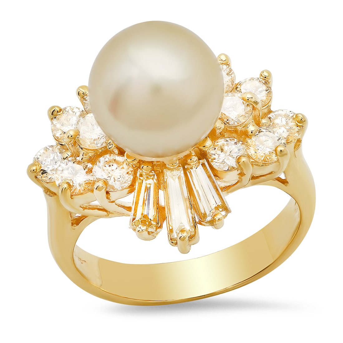 14K Yellow Gold Setting with 9.7mm Pearl and 1.10tcw Diamond Ladies Ring: Retail: $5,350.00 ****** 14K Yellow Gold Setting with 9.7mm Pearl and 1.10tcw Diamond Ladies Ring ****** Size: 5.5(we offer free resizing to winning bidders) / Metal: 14K Yellow Gold / Total Item Weig