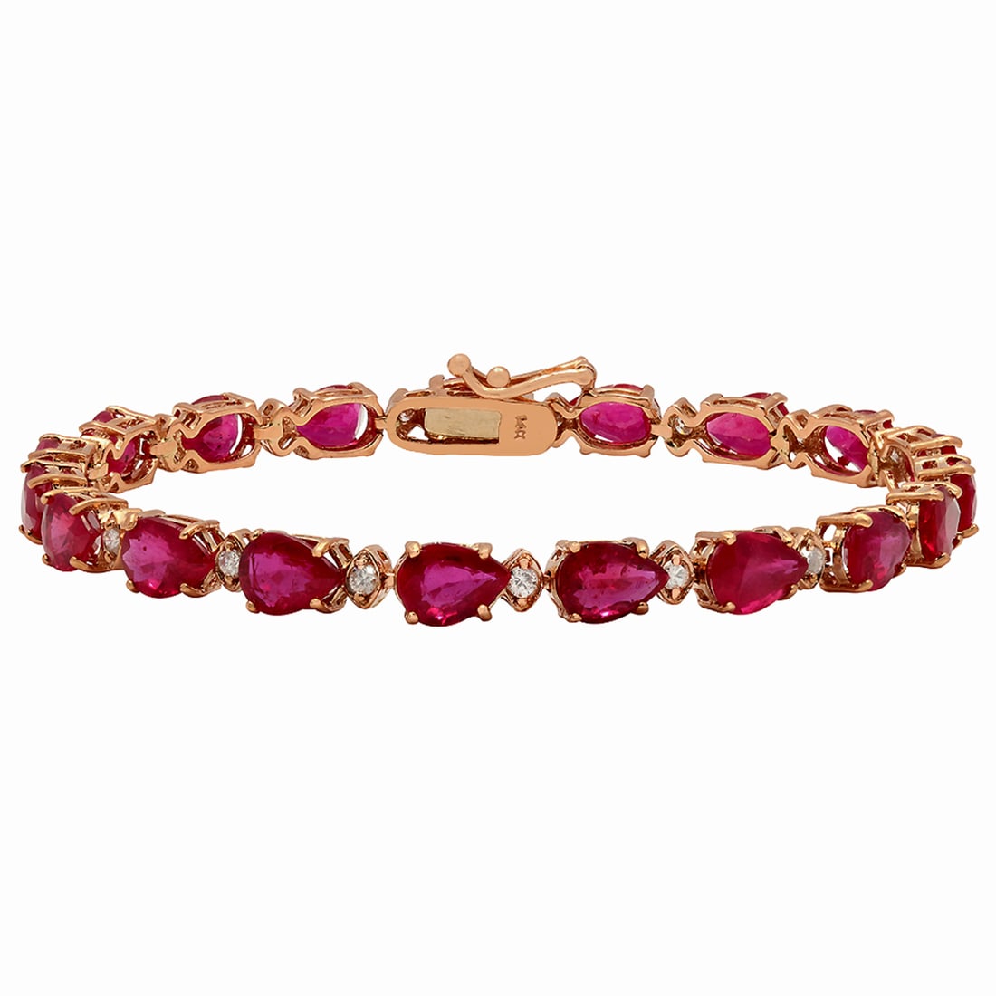 14k Rose Gold 17.41ct Ruby 0.62ct Diamond Bracelet: Retail: $7,770.00 ****** 14k Rose Gold 17.41ct Ruby 0.62ct Diamond Bracelet ****** Metal: 14K Rose Gold / Total Item Weight: 11.20 grams / Country Made: United States / / Main Stone: Ruby / Color: Int