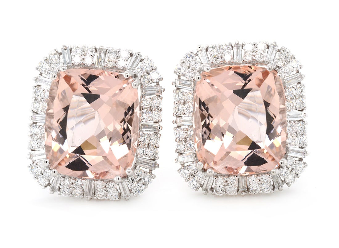18K White Gold Ladies Earrings with 18.52ct tw Morganite and 1.88ct tw Adjacent Diamonds: Retail: $12,500.00 ****** 18K White Gold Ladies Earrings with 18.52ct tw Morganite and 1.88ct tw Adjacent Diamonds ****** Metal: 18K White Gold / Total Item Weight: 13 Grams / Country Made: United Sta