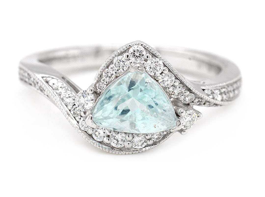 Platinum Ladies Ring with 1.17ct GIA Certified Paraiba Tourmaline and 0.33tcw Adjacent Diamonds: Retail: $10,920.00 ****** Platinum Ladies Ring with 1.17ct GIA Certified Paraiba Tourmaline and 0.33tcw Adjacent Diamonds ****** Size: 6.5 / Metal: Platinum / Total Item Weight: 5.2 Grams / Country Ma