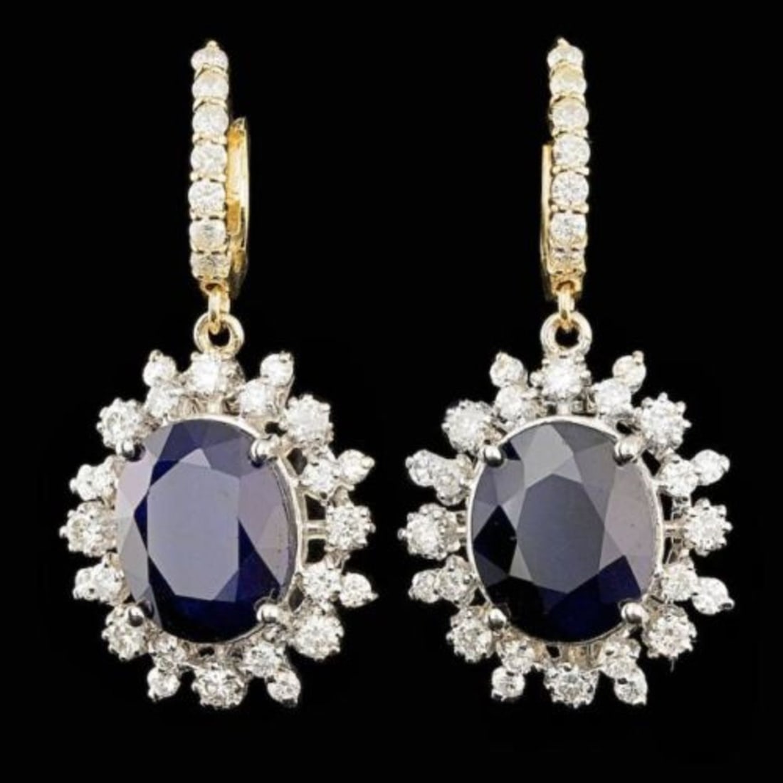 14K Yellow and White Gold 12.79ct Sapphire 2.27ct Diamond Earrings: Retail: $21,710.00 ****** 14K Yellow and White Gold 12.79ct Sapphire 2.27ct Diamond Earrings ****** Metal: 14K Yellow and White Gold / Total Item Weight: 10.5 Grams / Country Made: United States / / M