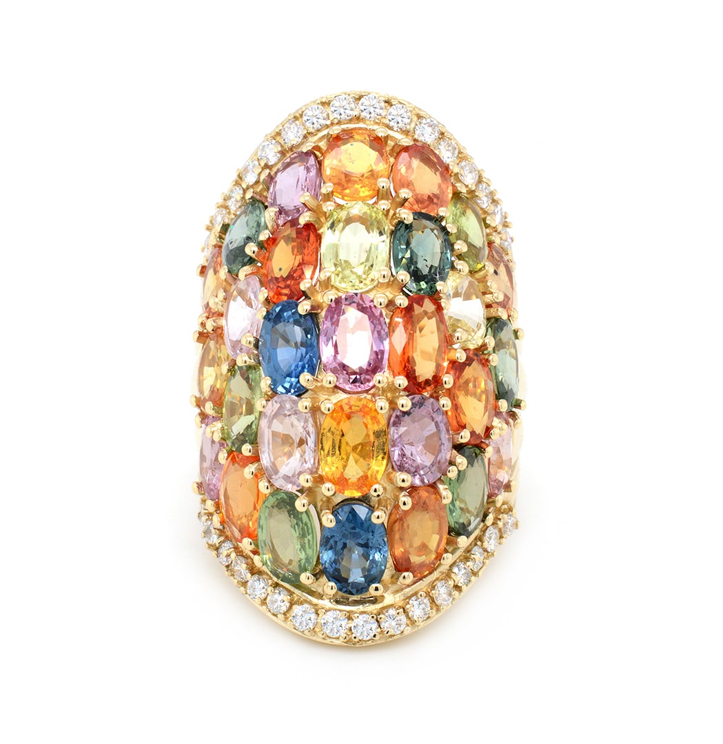 14K Yellow Gold Ladies Ring with 16.2tcw Sapphire and 0.60tcw Adjacent Diamonds: Retail: $11,500.00 ****** 14K Yellow Gold Ladies Ring with 16.2tcw Sapphire and 0.60tcw Adjacent Diamonds ****** Size: 6.5 / Metal: 14K Yellow Gold / Total Item Weight: 16.3 Grams / Country Made: Unit