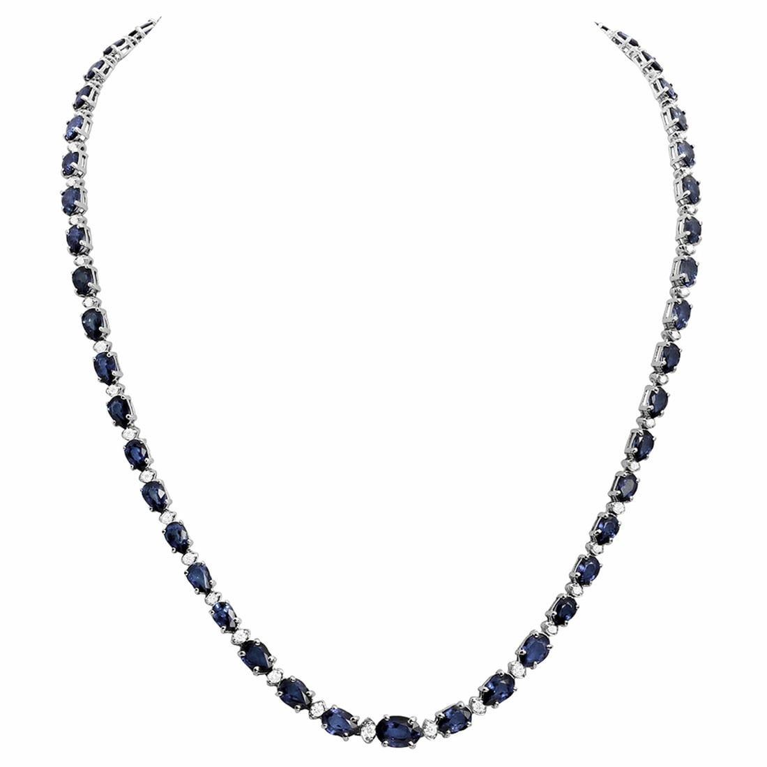 14k White Gold 23.90ct Sapphire 1.09ct Diamond Necklace: Retail: $16,210.00 ****** 14k White Gold 23.90ct Sapphire 1.09ct Diamond Necklace ****** Metal: 14K White Gold / Total Item Weight: 20.50 grams / Country Made: United States / / Main Stone: Sapphire /