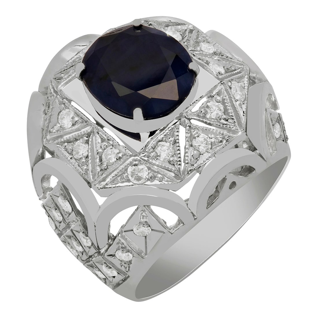 14k White Gold 5.13ct Sapphire 1.04ct Diamond Ring: Retail: $9,485.00 ****** 14k White Gold 5.13ct Sapphire 1.04ct Diamond Ring ****** Metal: 14K White Gold / Total Item Weight: 12.40 grams / Country Made: United States / / Main Stone: Sapphire / Color
