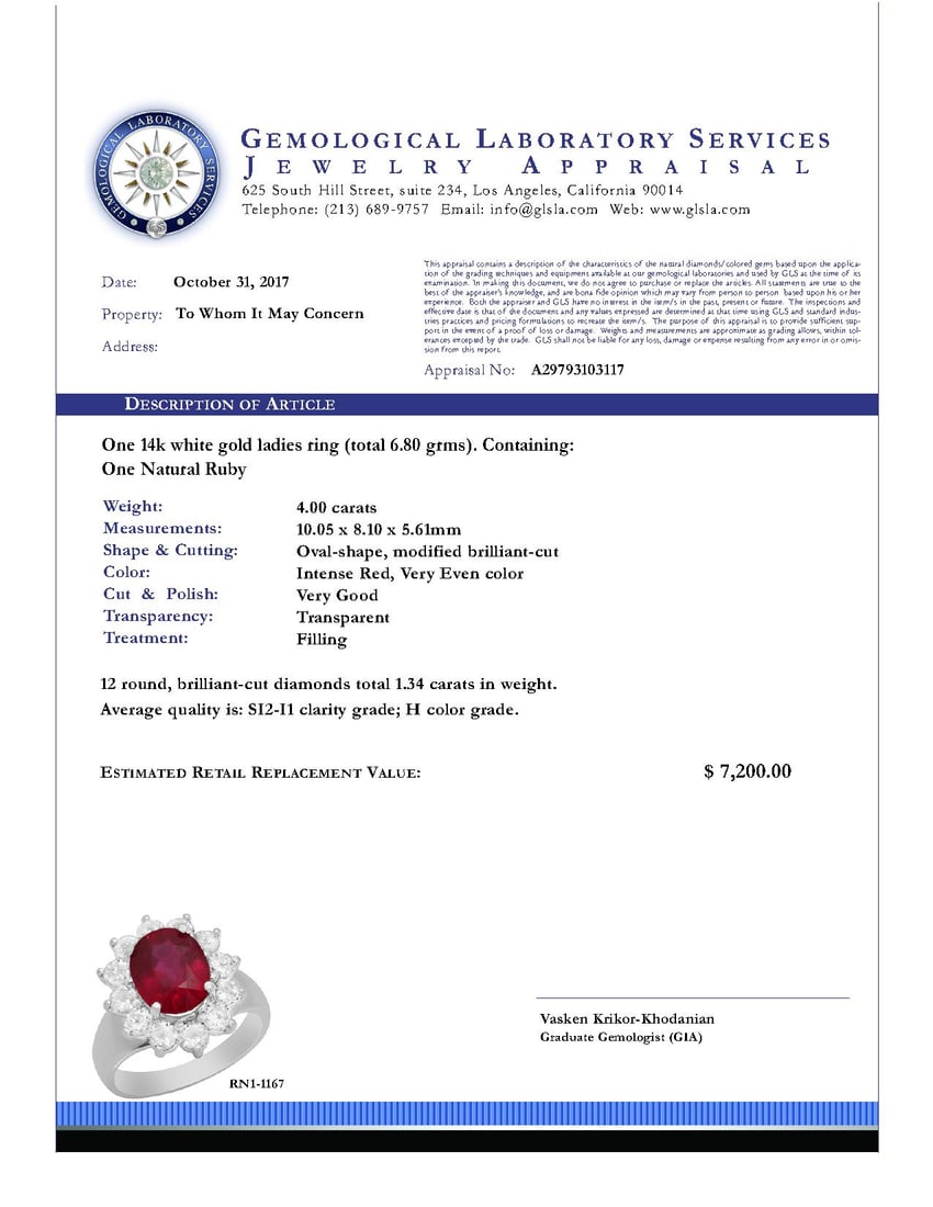 14k White Gold 4.00ct Ruby 1.34ct Diamond Ring - 4