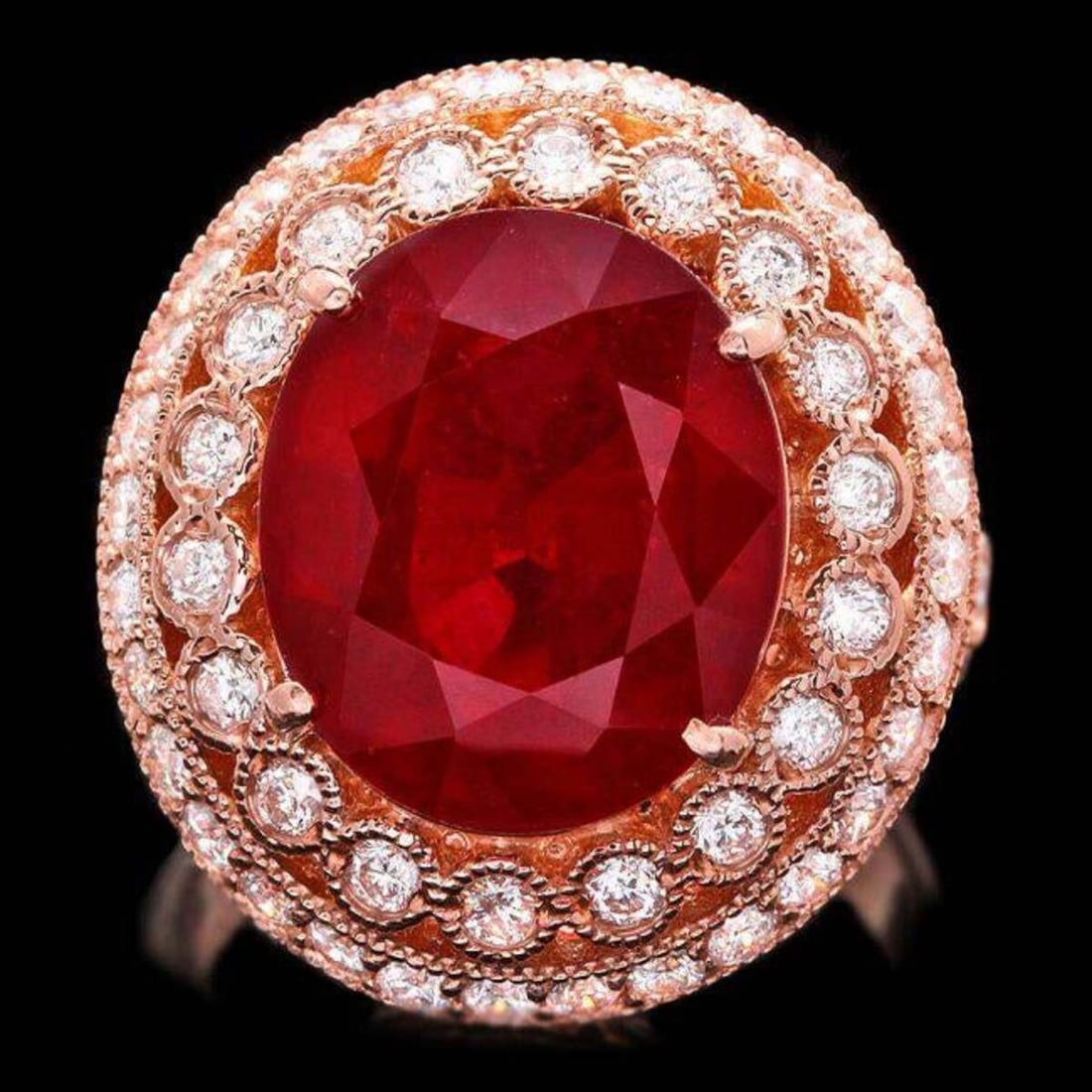 14K Rose Gold 10.85ct Ruby and 1.32ct Diamond Ring: Retail: $11,570.00 ****** 14K Rose Gold 10.85ct Ruby and 1.32ct Diamond Ring ****** Metal: 14K Rose Gold / Total Item Weight: 11.5 Grams / Country Made: United States / / Main Stone: Ruby / Color: Red