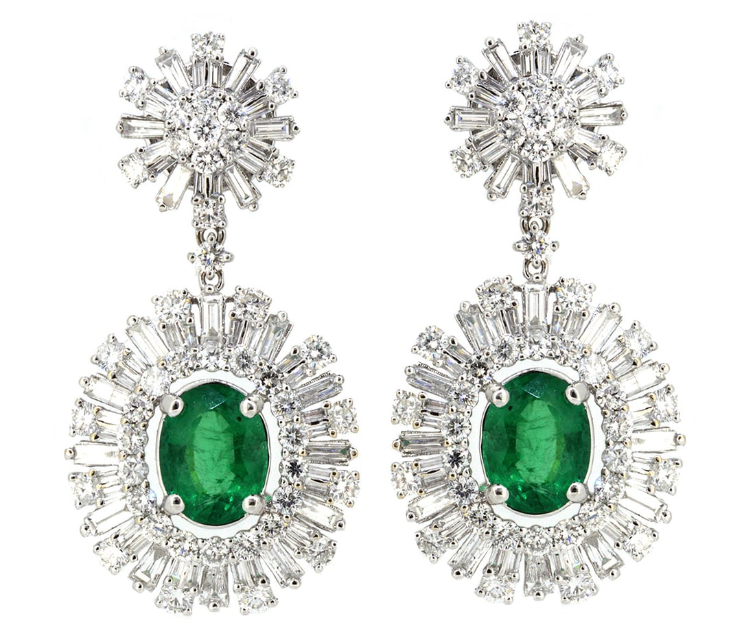 18K White Gold Earrings with 3.26ct Emerald and 4.80tw Diamonds: Retail: $24,500.00 ****** 18K White Gold Earrings with 3.26ct Emerald and 4.80tw Diamonds ****** Metal: 18K White Gold / Total Item Weight: 11.3 Grams / Country Made: United States / / Main Stone: Eme