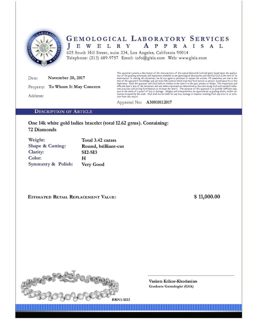 14k White Gold 3.42ct Diamond Bracelet - 4
