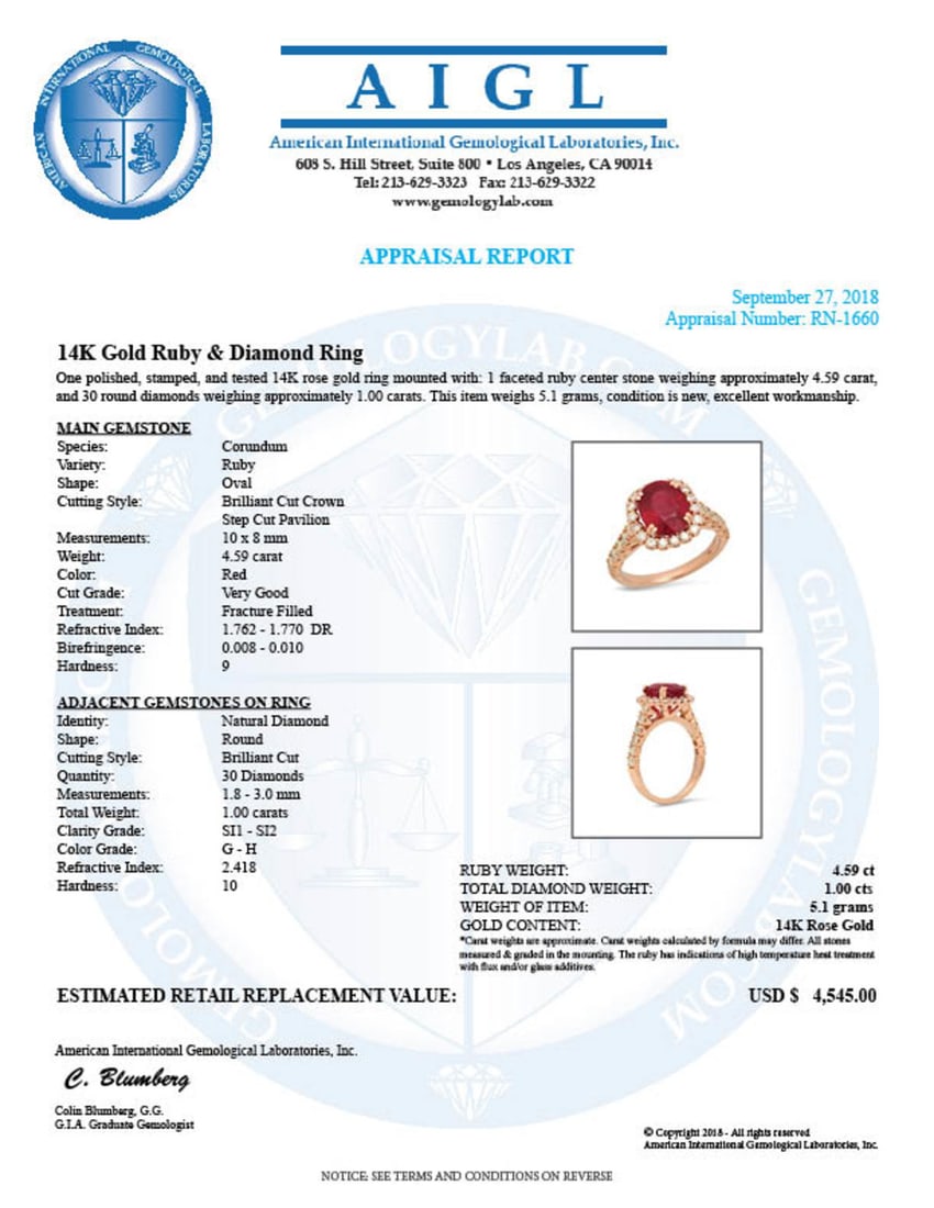 14K Rose Gold 4.59ct Ruby and 1.00ct Diamond Ring - 5