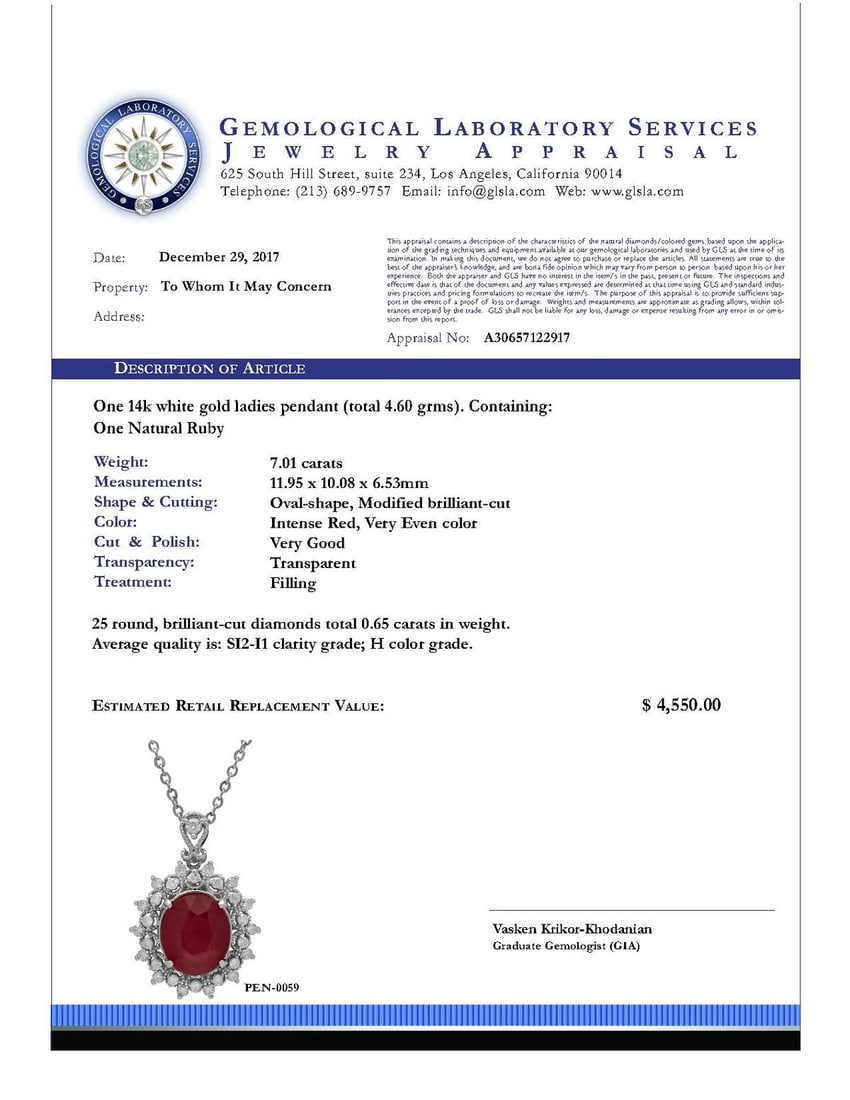14k White Gold 7.01ct Ruby 0.65ct Diamond Pendant - 4