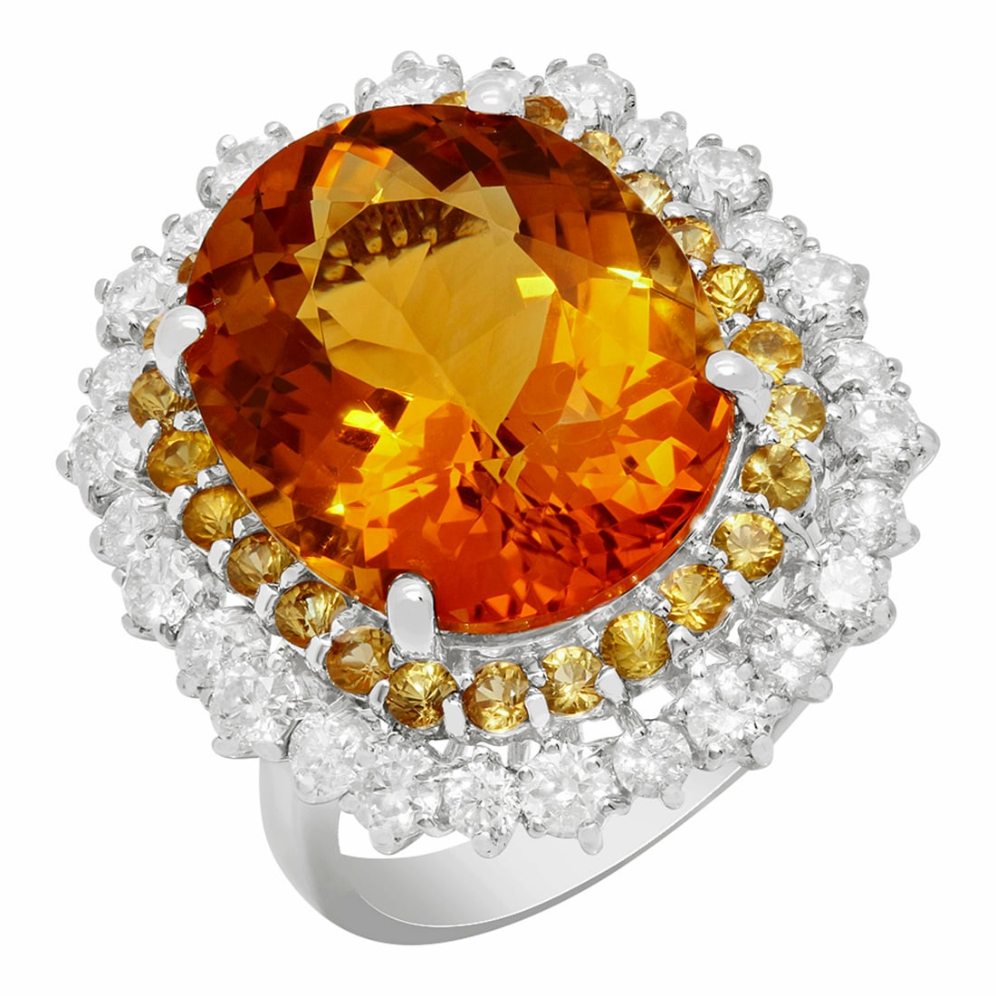 14k White Gold 10.36ct Citrine 1.00ct Yellow Sapphire 1.40ct Diamond Ring: Retail: $8,390.00 ****** 14k White Gold 10.36ct Citrine 1.00ct Yellow Sapphire 1.40ct Diamond Ring ****** Metal: 14K White Gold / Total Item Weight: 9.30 grams / Country Made: United States / / Main