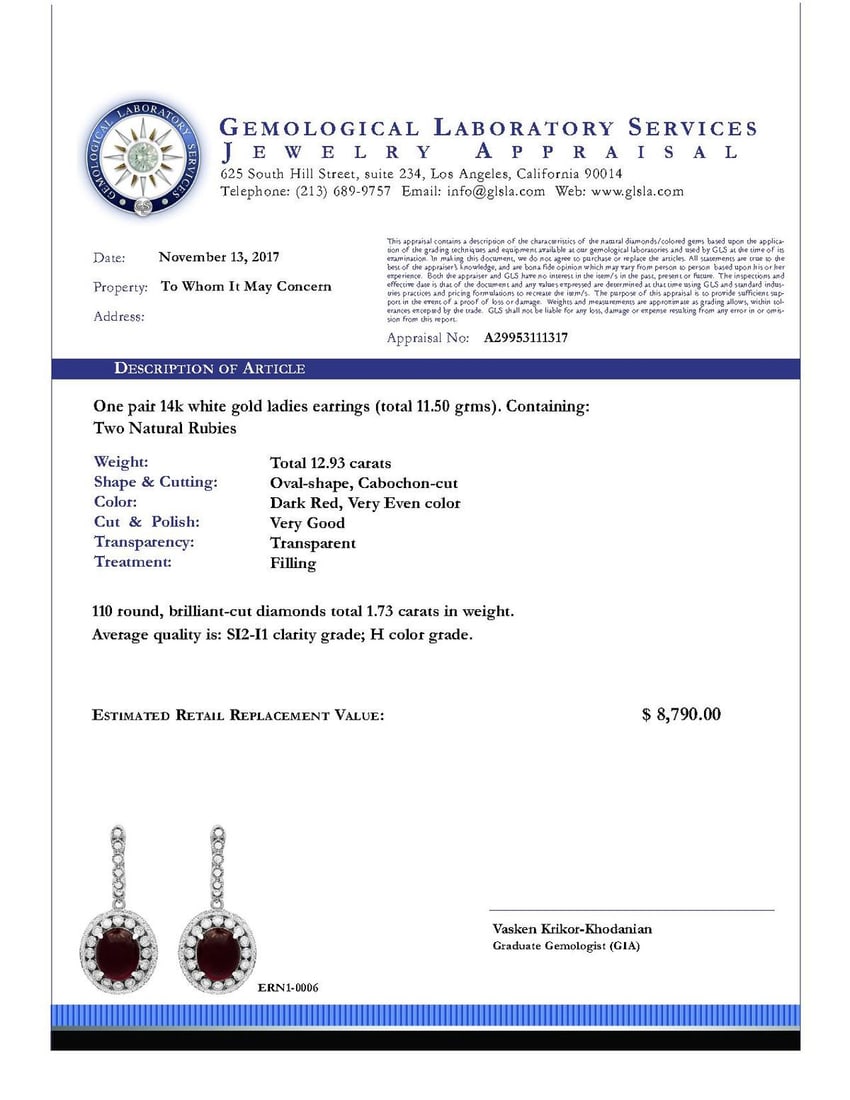 14k White Gold 12.93ct Ruby 1.73ct Diamond Earrings - 4