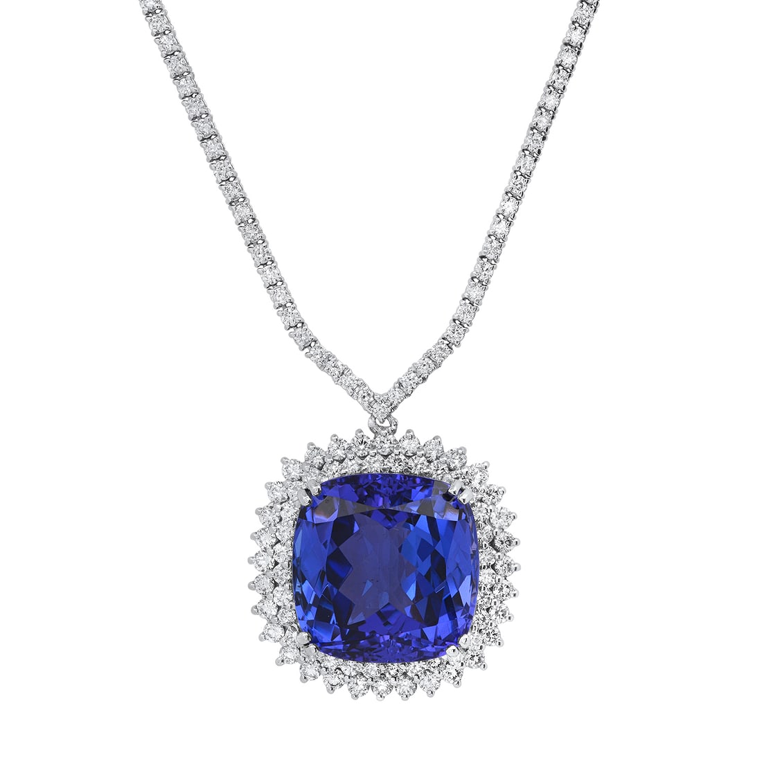 14K White Gold Setting with 33.75ct Tanzanite and 5.06ct Diamond Necklace: Retail: $81,672.00 ****** 14K White Gold Setting with 33.75ct Tanzanite and 5.06ct Diamond Necklace ****** Size: 16.75 / Metal: 14K White Gold / Total Item Weight: 29.1 Grams / Country Made: United St