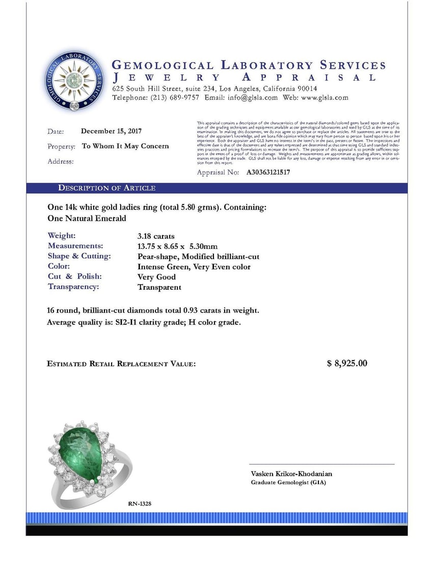 14k White Gold 3.18ct Emerald 0.93ct Diamond Ring - 3