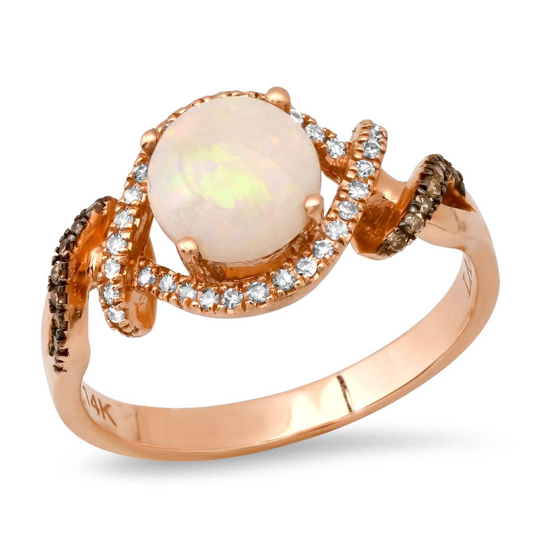 14K Rose Gold Setting with 0.86ct Opal and 0.25ct Diamond LALI" Designor Ladies Ring": Retail: $2,540.00 ****** 14K Rose Gold Setting with 0.86ct Opal and 0.25ct Diamond LALI" Designor Ladies Ring ****** Size: 7 (we offer free resizing to winning bidders) / Metal: 14K Rose Gold / Total 