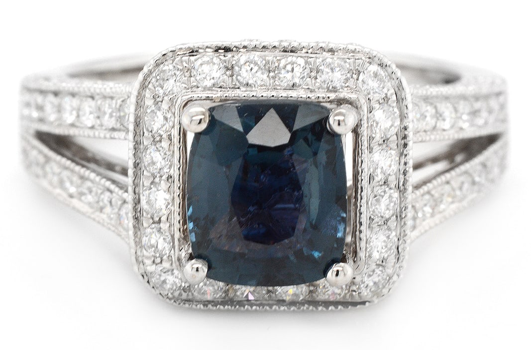 18K White Gold Ladies Ring with 2.13ct GIA Certified Sapphire and 0.85ct tw Adjacent Diamonds: Retail: $21,000.00 ****** 18K White Gold Ladies Ring with 2.13ct GIA Certified Sapphire and 0.85ct tw Adjacent Diamonds ****** Size: 6.5 / Metal: 18K White Gold / Total Item Weight: 6.3 Grams /