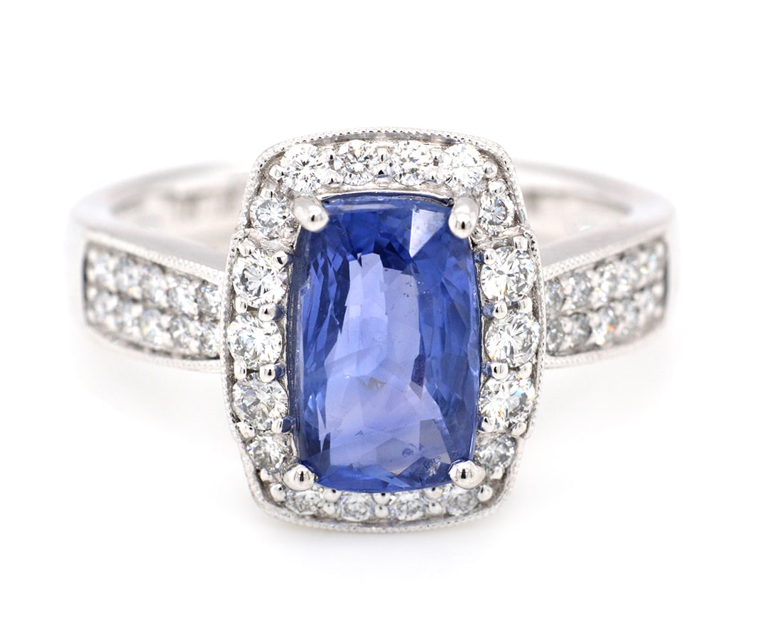 Platinum Ladies Ring with 3.02ct GIA Certified Unheated Sapphire and 0.49ct Adjacent Diamonds: Retail: $22,500.00 ****** Platinum Ladies Ring with 3.02ct GIA Certified Unheated Sapphire and 0.49ct Adjacent Diamonds ****** Size: 6.5 / Metal: Platinum / Total Item Weight: 6.8 Grams / Country