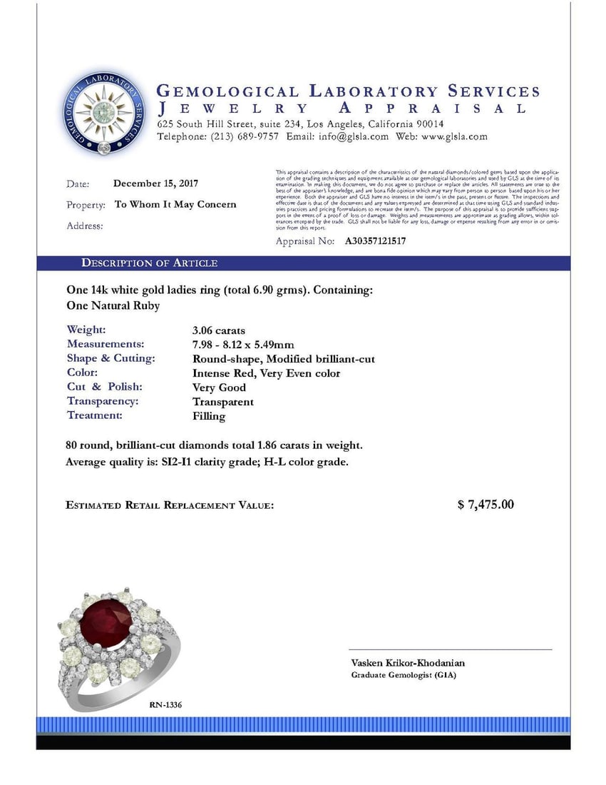 14k White Gold 3.06ct Ruby 1.86ct Diamond Ring - 4