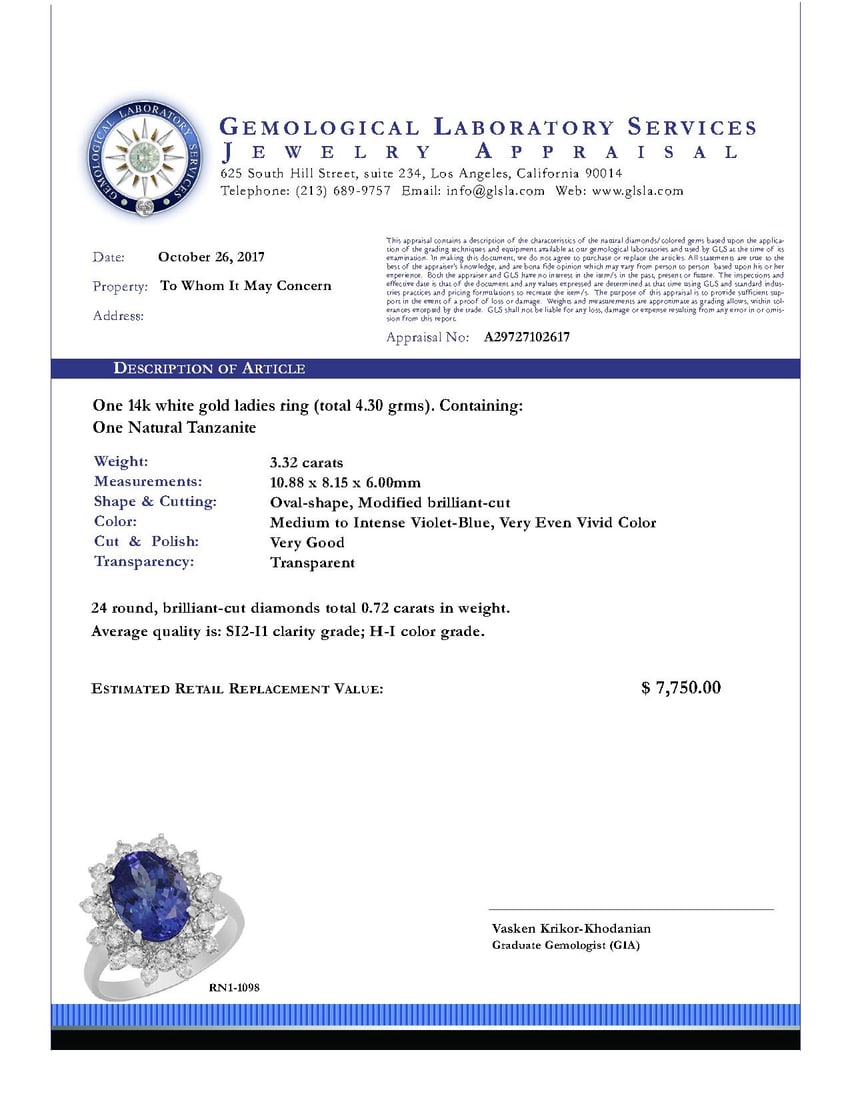 14k White Gold 3.32ct Tanzanite 0.72ct Diamond Ring - 4