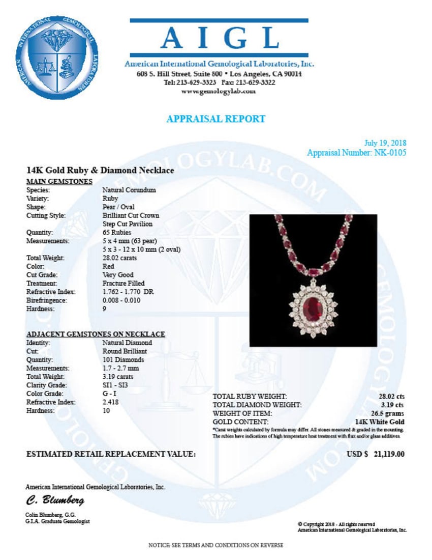 14k White Gold 28.02ct Ruby 3.19ct Diamond Necklace - 4