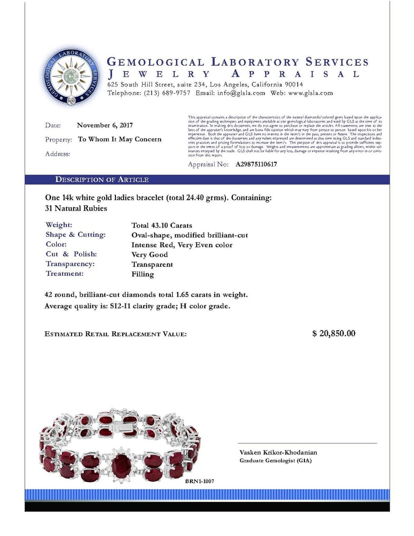 14k White Gold 43.10ct Ruby 1.65ct Diamond Bracelet - 4