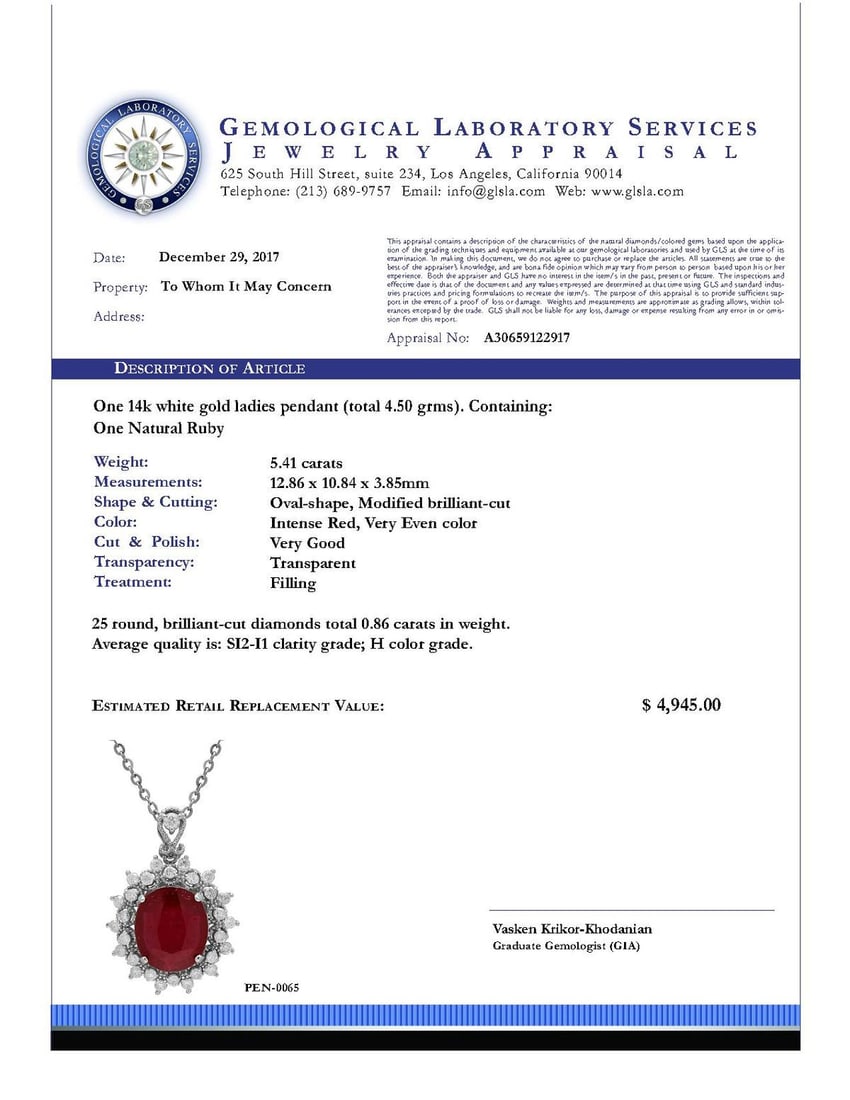 14k White Gold 5.41ct Ruby 0.86ct Diamond Pendant - 4