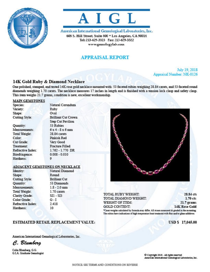 14K Gold 28.84ct Ruby & 1.70ct Diamond Necklace - 3