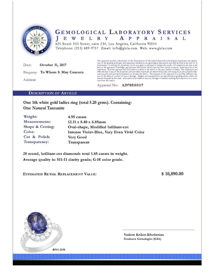 14k White Gold 4.95ct Tanzanite 1.45ct Diamond Ring - 4