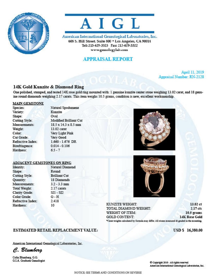 14K Rose Gold 13.02ct Kunzite and 2.17ct Diamond Ring - 5
