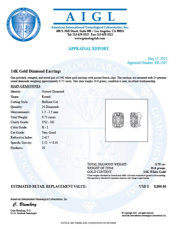 14K White Gold Setting with 0.75ct Diamond Earrings - 3