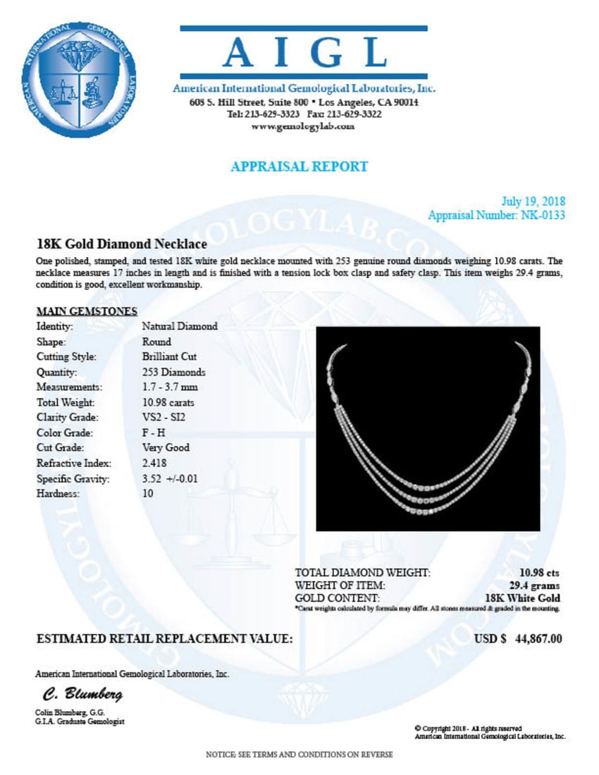 18K Gold 10.98ct Diamond Necklace - 5