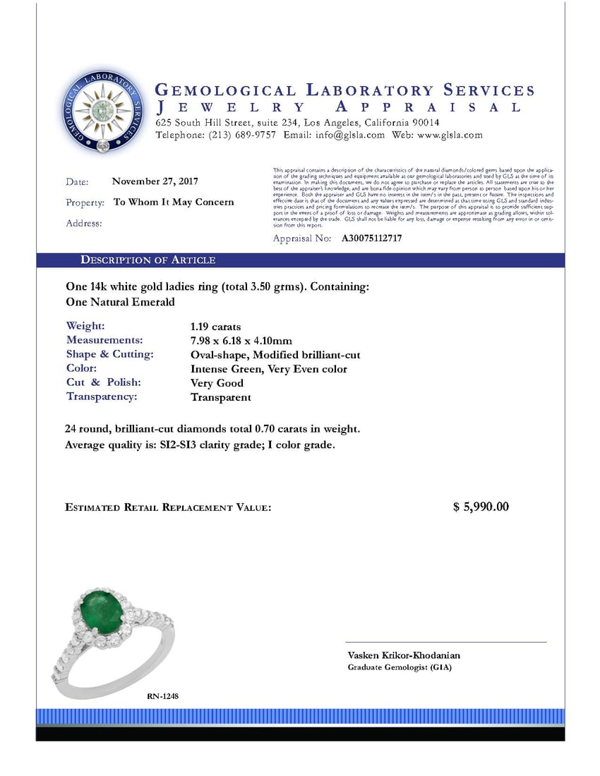 14k White Gold 1.19ct Emerald 0.70ct Diamond Ring - 4
