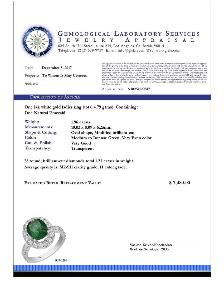 14k White Gold 1.96ct Emerald 1.23ct Diamond Ring - 4