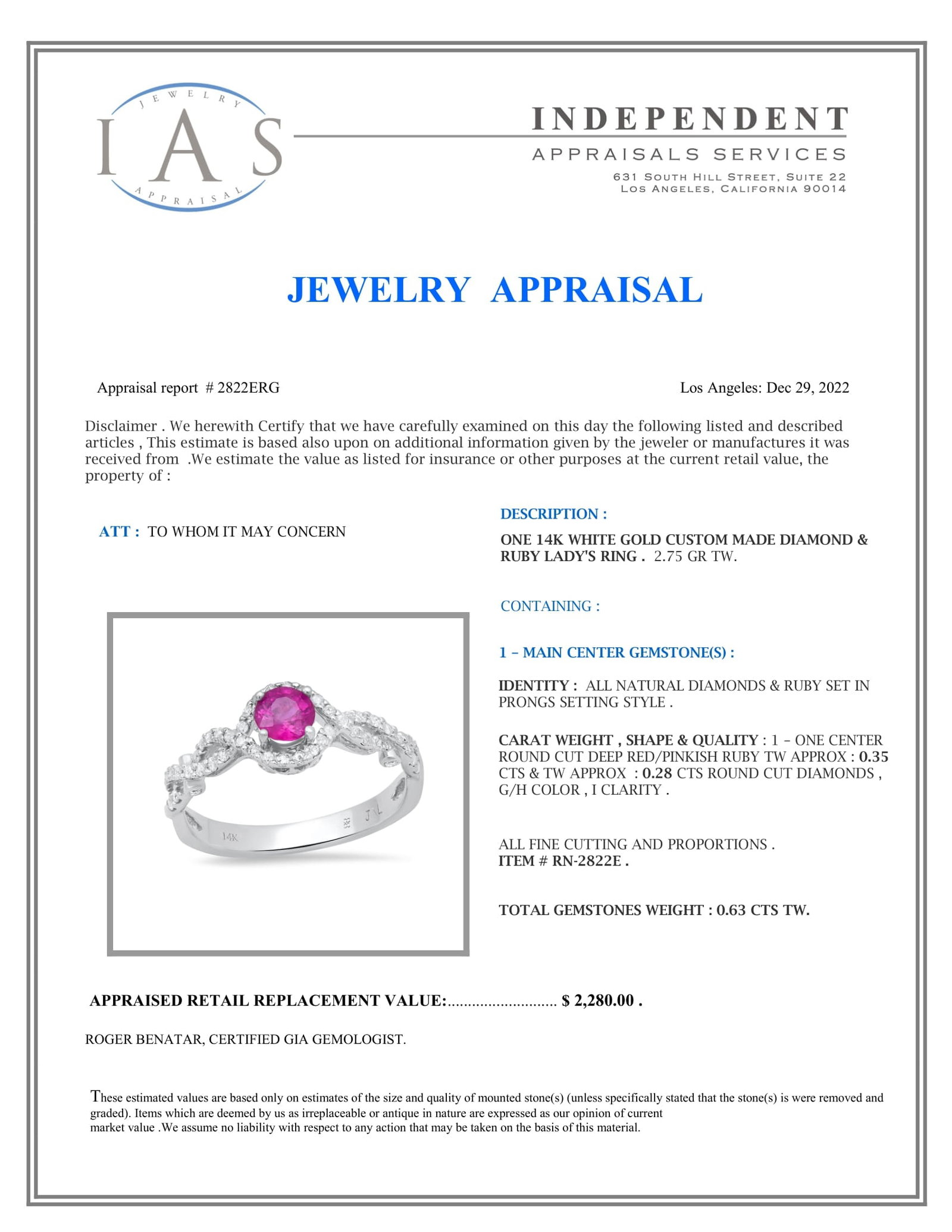 14K White Gold Setting with 0.35ct Ruby and 0.28ct Diamond Ladies Ring - 5