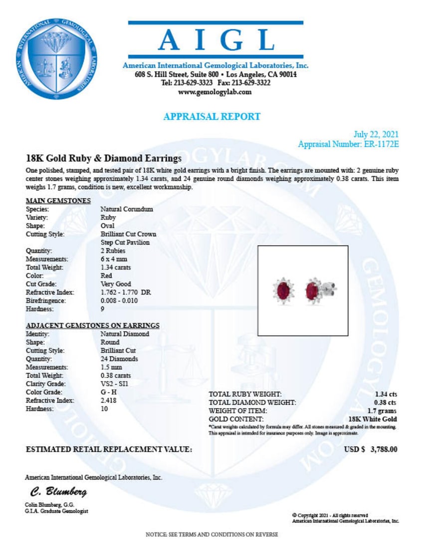 18K White Gold Setting with 1.34ct Ruby and 0.38ct Diamond Earrings - 3