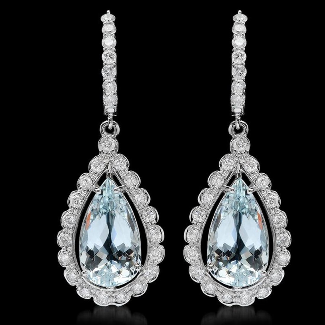 14k Gold 8.34ct Aquamarine 1.52ct Diamond Earrings: Retail: $11,900.00 ****** 14k Gold 8.34ct Aquamarine 1.52ct Diamond Earrings ****** Metal: 14K Solid White Gold / Total Item Weight: 7.3 grams / Country Made: United States / / Main Stone: Aquamarine 