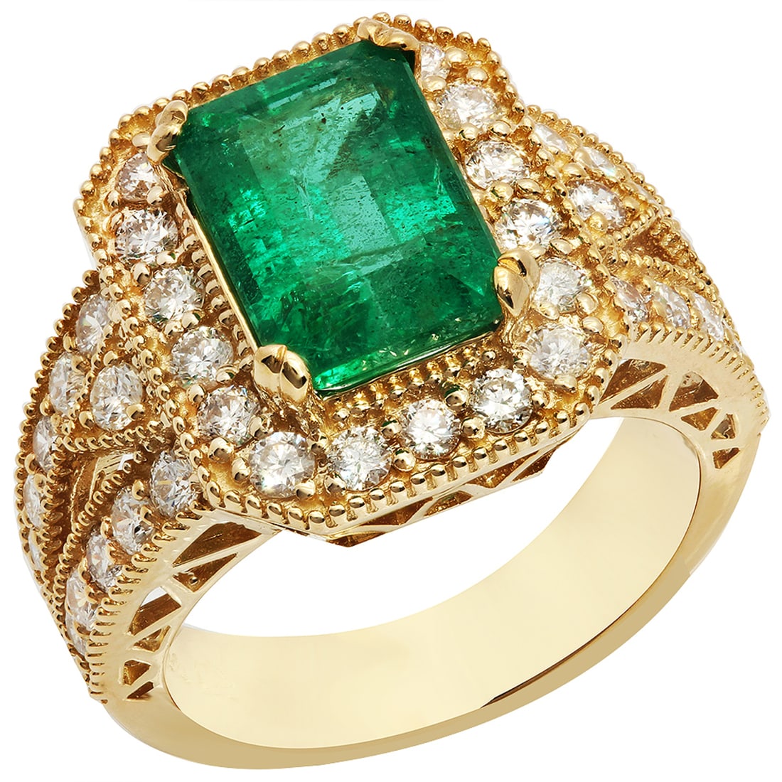 14k Yellow Gold 2.93ct Emerald 1.29ct Diamond Ring: Retail: $12,285.00 ****** 14k Yellow Gold 2.93ct Emerald 1.29ct Diamond Ring ****** Metal: 14K Yellow Gold / Total Item Weight: 8.60 grams / Country Made: United States / / Main Stone: Emerald / Color