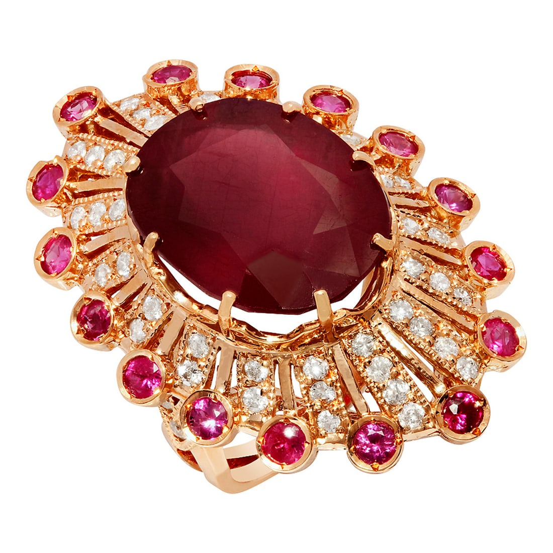 14k Rose Gold 17.36ct & 1.60ct Ruby 1.09ct Diamond Ring: Retail: $11,325.00 ****** 14k Rose Gold 17.36ct & 1.60ct Ruby 1.09ct Diamond Ring ****** Metal: 14K Rose Gold / Total Item Weight: 14.40 grams / Country Made: United States / / Main Stone: Ruby / Colo