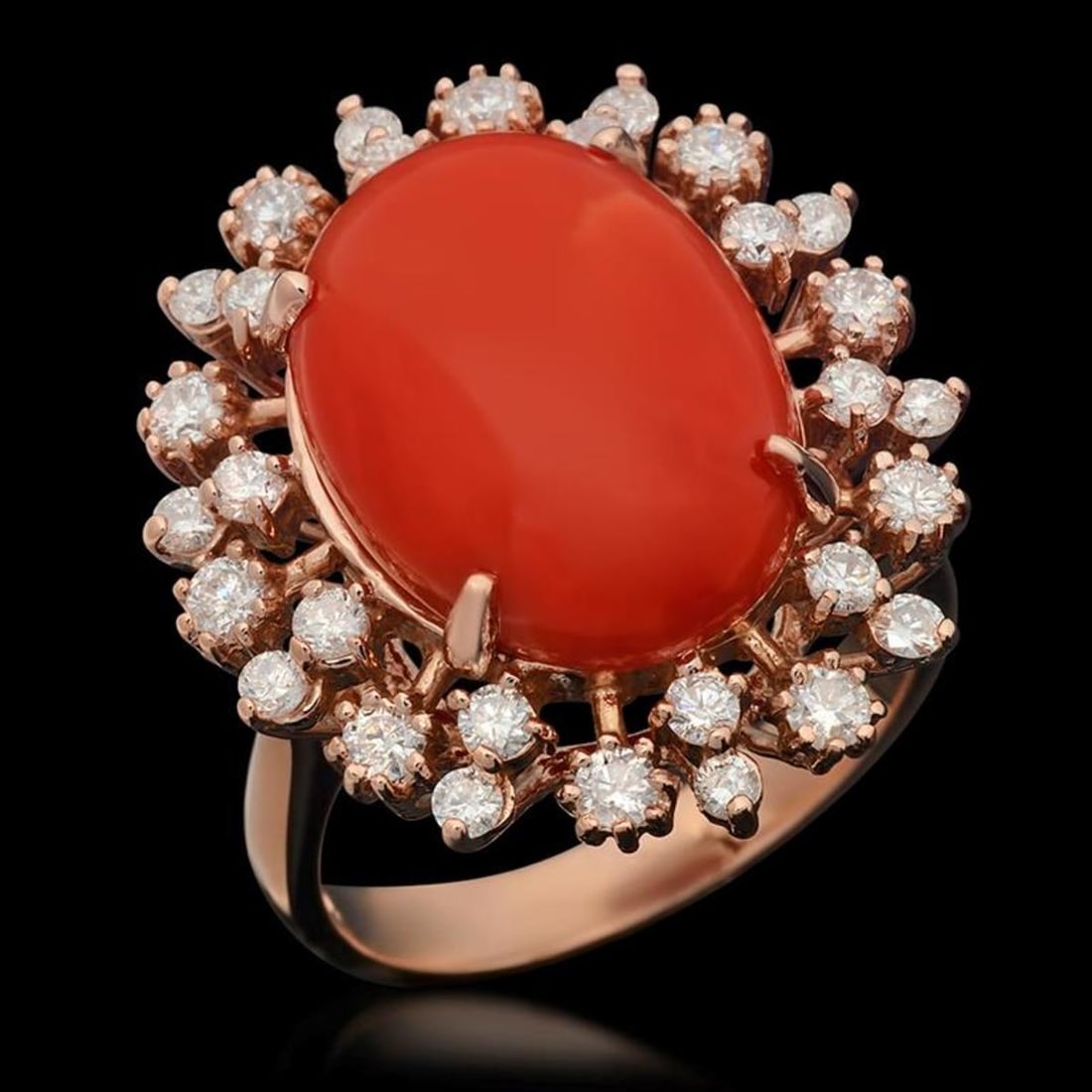 14K Rose Gold 7.81ct Coral and 1.03ct Diamond Ring: Retail: $8,670.00 ****** 14K Rose Gold 7.81ct Coral and 1.03ct Diamond Ring ****** Metal: 14K Rose Gold / Total Item Weight: 7.9 Grams / Country Made: United States / / Main Stone: Coral / Color: Redd