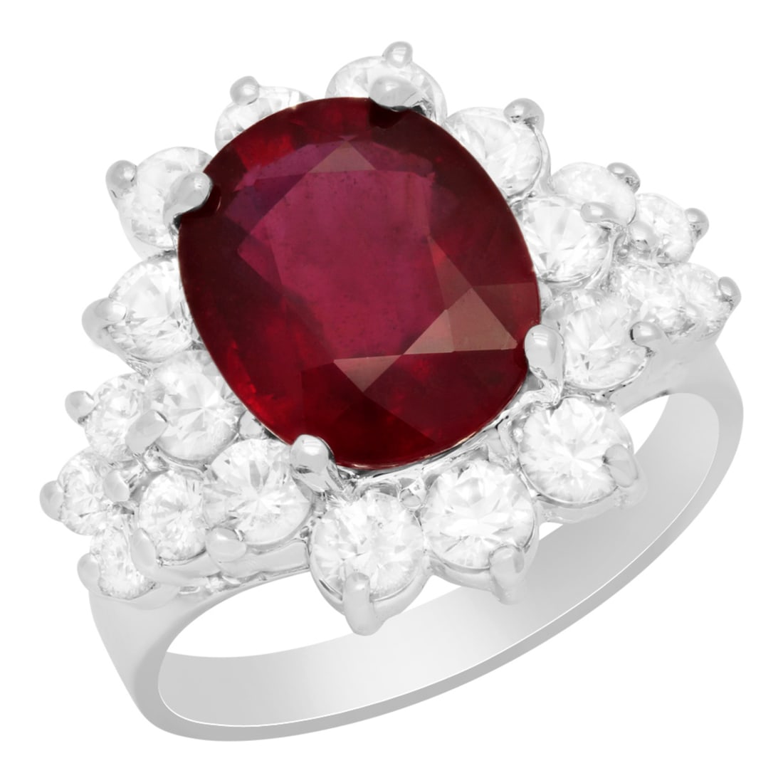 14k White Gold 4.71ct Ruby 1.58ct White Sapphire 0.44ct Diamond Ring: Retail: $8,250.00 ****** 14k White Gold 4.71ct Ruby 1.58ct White Sapphire 0.44ct Diamond Ring ****** Metal: 14K White Gold / Total Item Weight: 6.00 grams / Country Made: United States / / Main Stone: