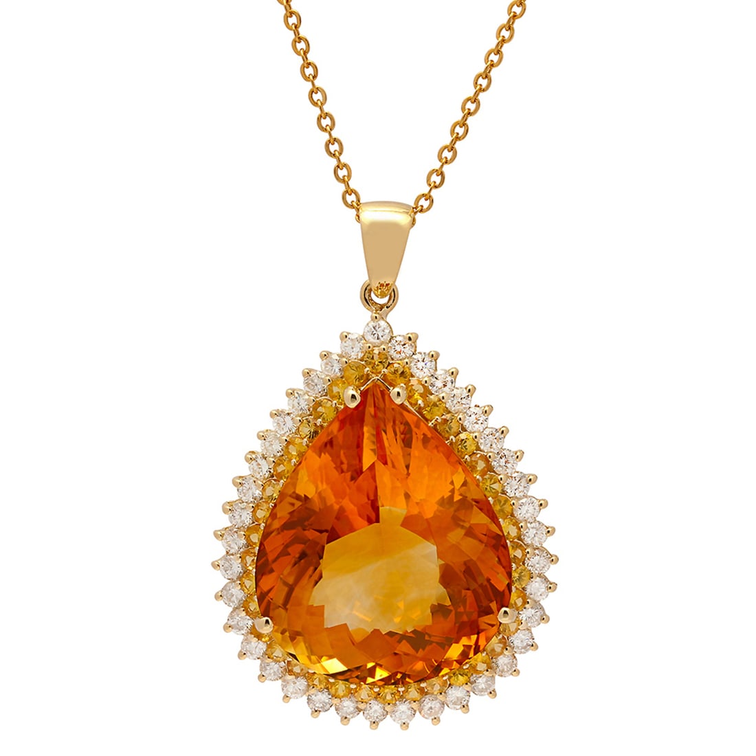 14k Yellow Gold 37.73ct Citrine 1.67ct Yellow Sapphire 1.98ct Diamond Pendant: Retail: $12,665.00 ****** 14k Yellow Gold 37.73ct Citrine 1.67ct Yellow Sapphire 1.98ct Diamond Pendant ****** Metal: 14K Yellow Gold / Total Item Weight: 18.30 grams / Country Made: United States / /