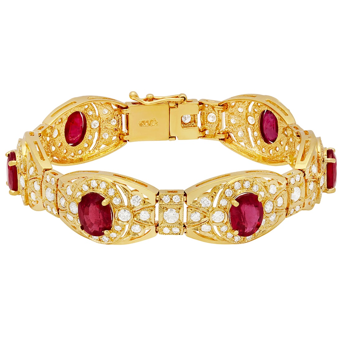 14k Yellow Gold 18.11ct Ruby 6.72ct Diamond Bracelet: Retail: $34,500.00 ****** 14k Yellow Gold 18.11ct Ruby 6.72ct Diamond Bracelet ****** Metal: 14K Yellow Gold / Total Item Weight: 33.40 grams / Country Made: United States / / Main Stone: Ruby / Color