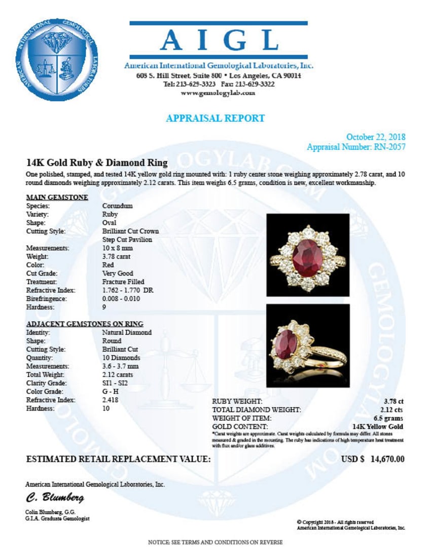 14K Yellow Gold 3.78ct Ruby and 2.12ct Diamond Ring - 5