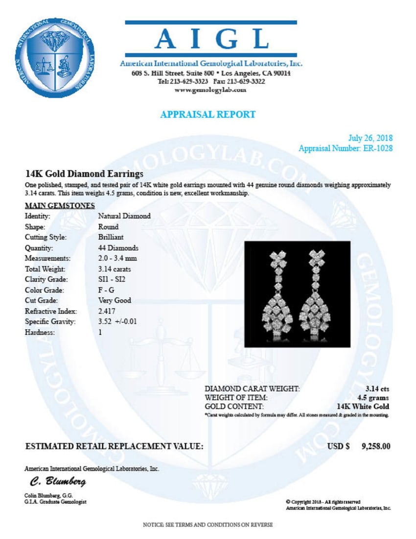 14K Gold 3.14ct Diamond Earrings - 3