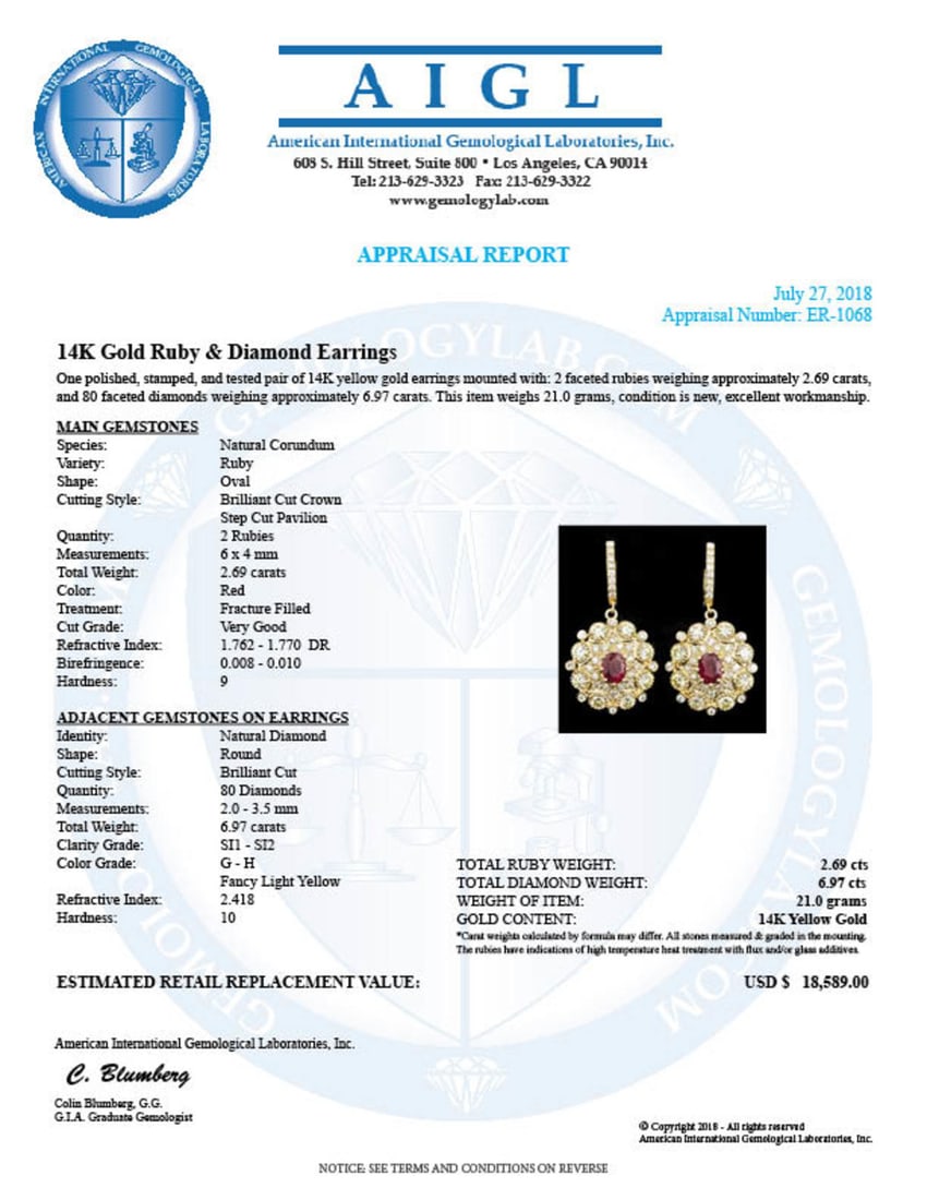 14k Yellow Gold 2.69ct Ruby 7ct Diamond Earrings - 4