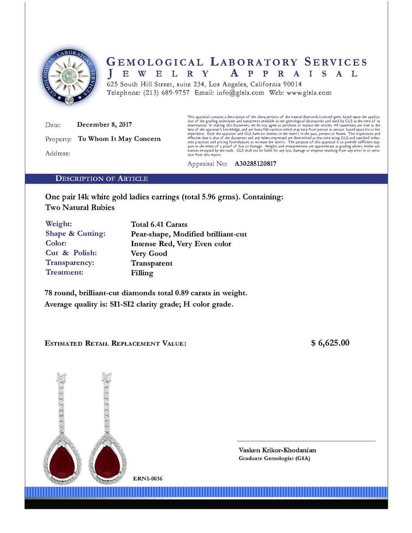 14k White Gold 6.41ct Ruby 0.89ct Diamond Earrings - 4