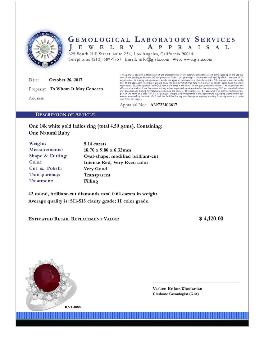 14k White Gold 5.14ct Ruby 0.64ct Diamond Ring - 4